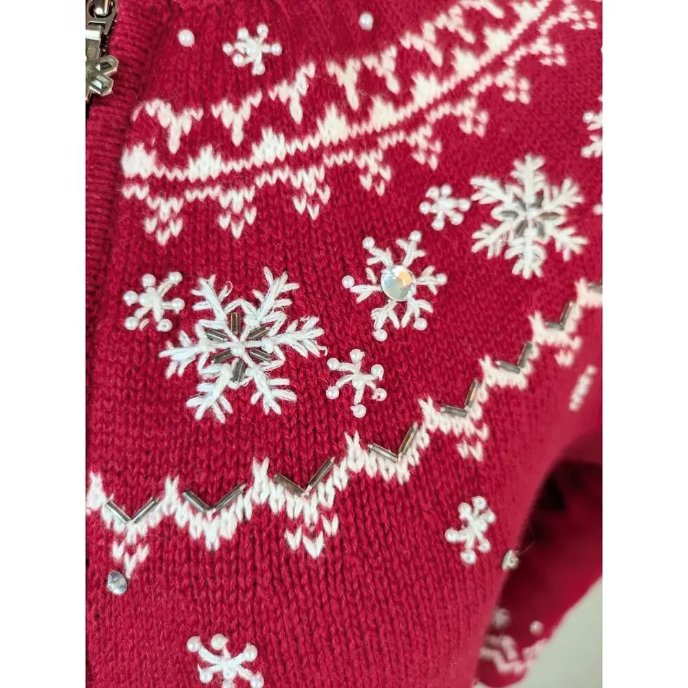 Croft & Barrow Cardigan Sweater Petite Large Red Fair Isle Snowflake Beaded NEW
